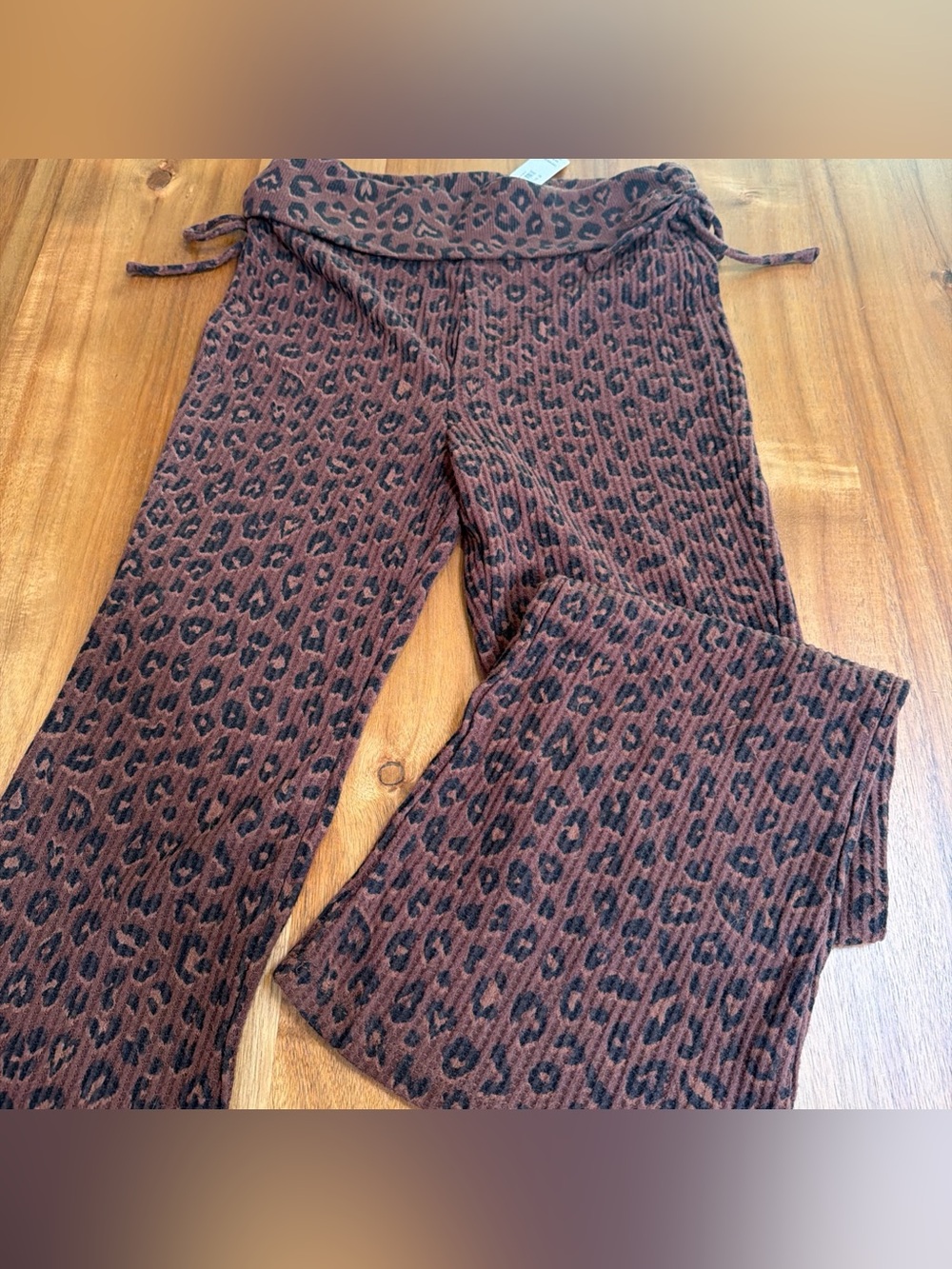 NWT VS PINK Waffle Knit Foldover Flare Pants Brown Leopard Print Lounge XS